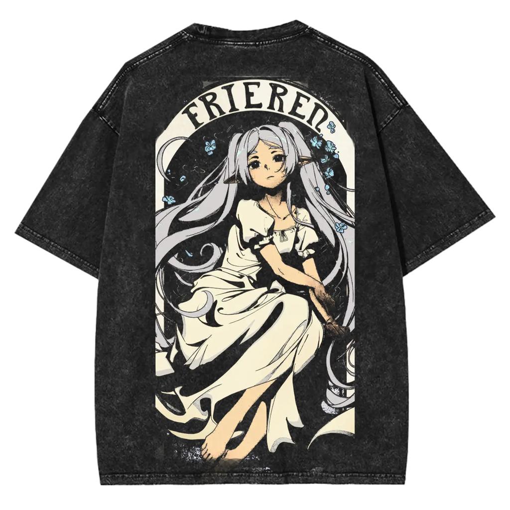 Frieren Beyond Journey's End Anime T-shirt Washed Oversized Tshirt Short Sleeve Casual Cotton Tees Tops Men's Unisex Clothing