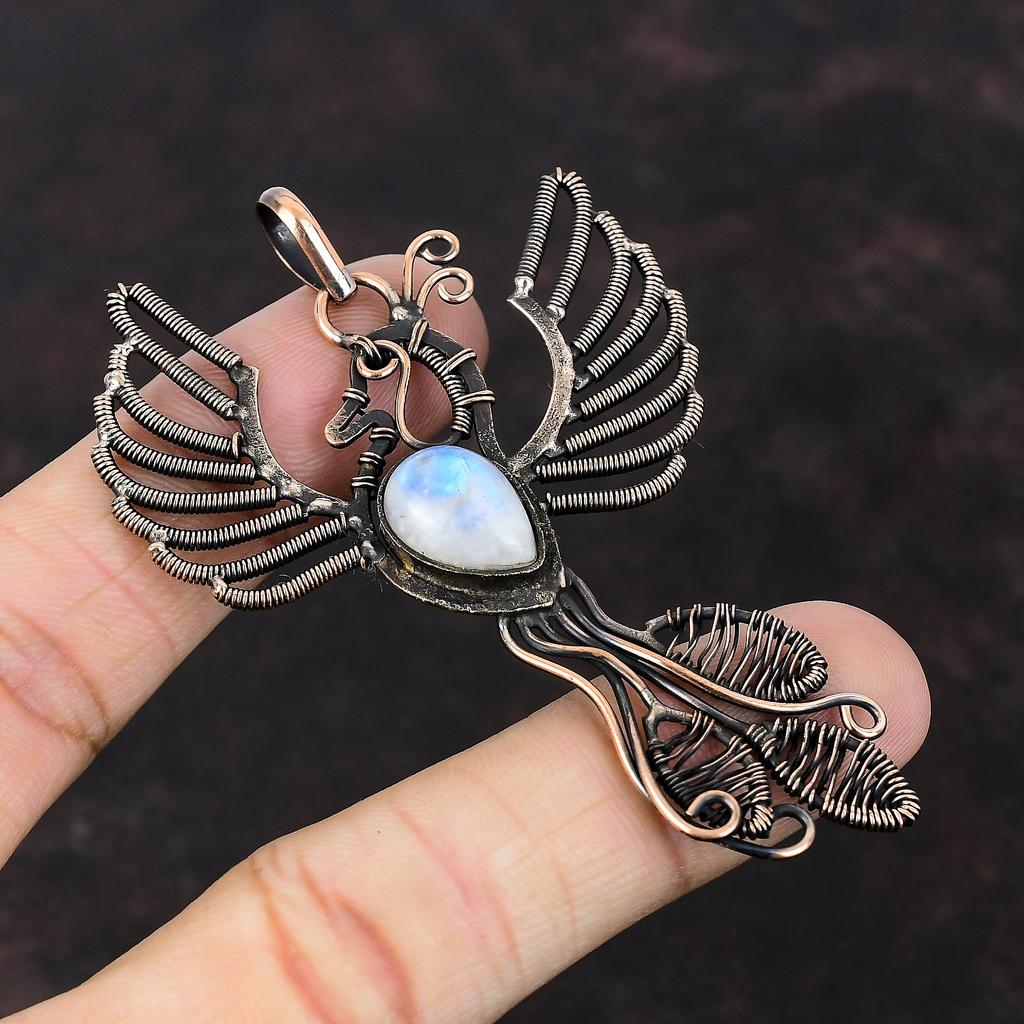 Rainbow Moonstone Pendant Copper Wire Wrapped Pendant Handmade Ethnic Jewelry Phoenix Bird Pendant Copper Jewelry Gemstone Pendant For Gift
