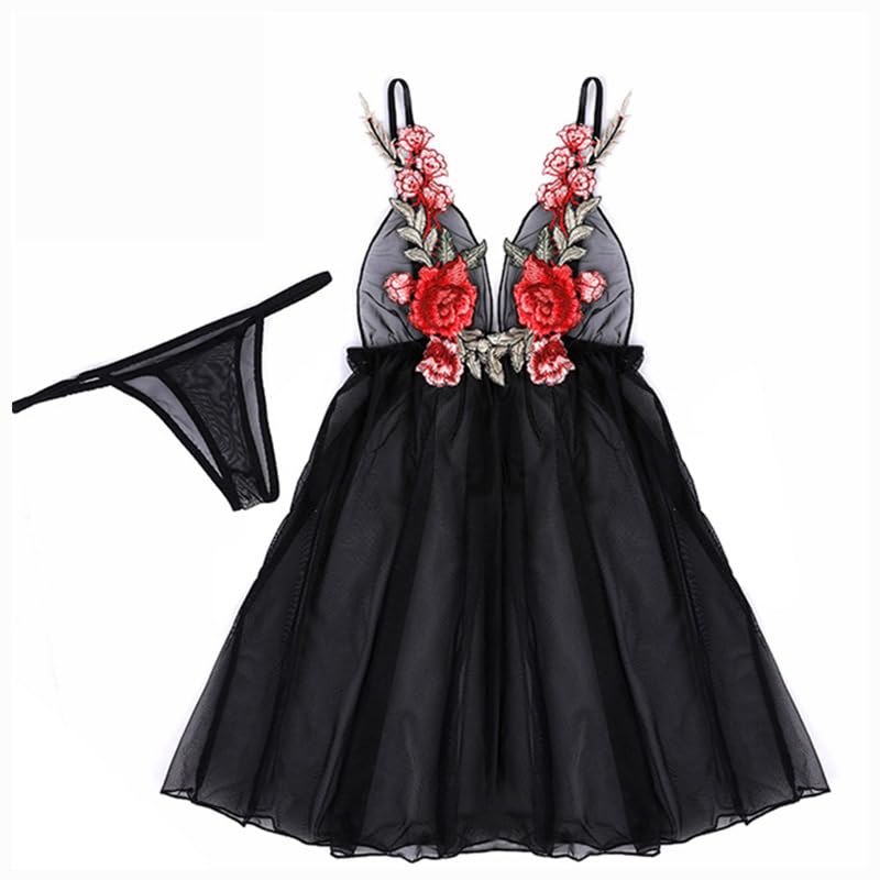 Embroidered Lace Satin Sexy Babydoll Lingerie Simple Shorts Set Loose Fit Sheer Camisole High Visibility Cute [AQURAD] S-XL Women's (Black Embroidery)