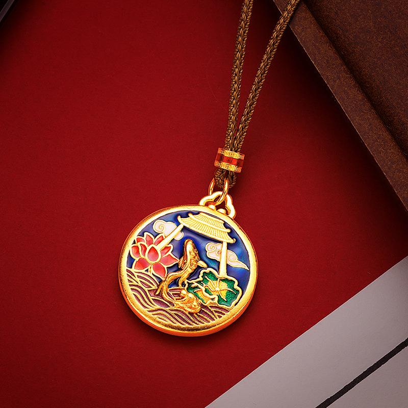 Meier Guochao high temperature enamel filigree cut out pendant sand gold ancient gold butterfly lotus compass necklace