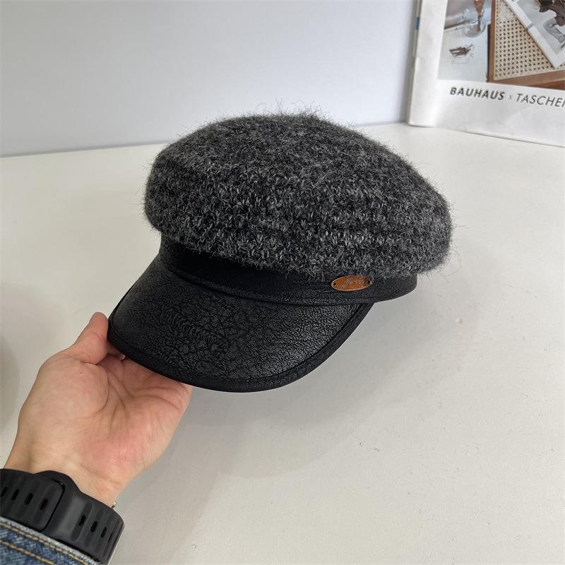 

Шерстяная вязаная кепка с кожаным козырьком для детей, осенне-зимний показ мод, для маленького лица, берет, британская восьмиклинка, шляпа газетчика M（56-58cm） чёрный