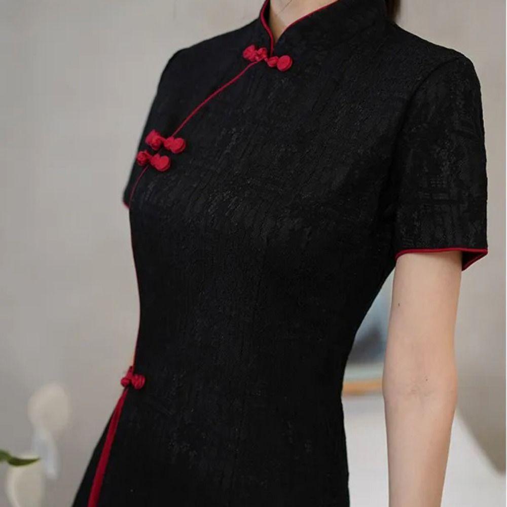 China-Chic Qipao Dress Long Fork Cheongsam Short Pattern Traditional Chinese Dress  Wedding
