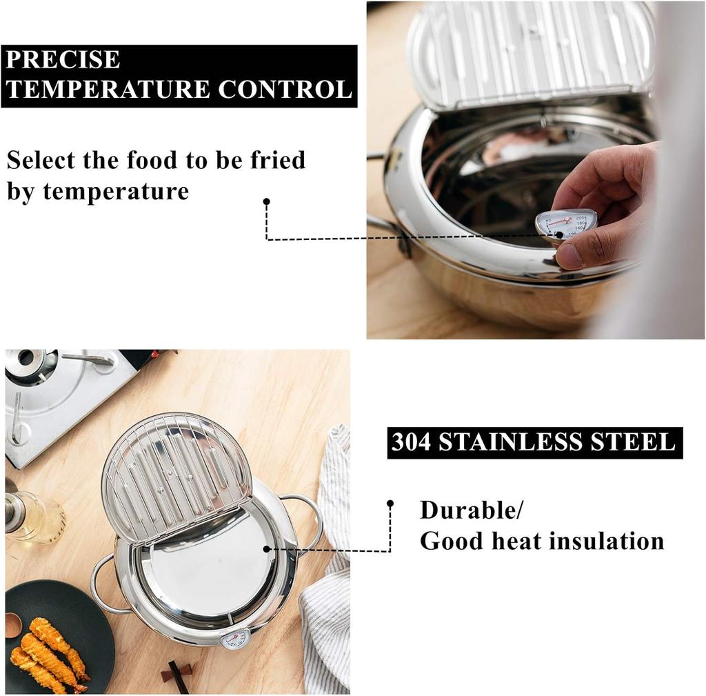 Stainless Steel Deep Fryer Pot, Frying Chicken Pot, Tempura Deep Fryer with a Thermometer and a Lid, Japanese Style Te