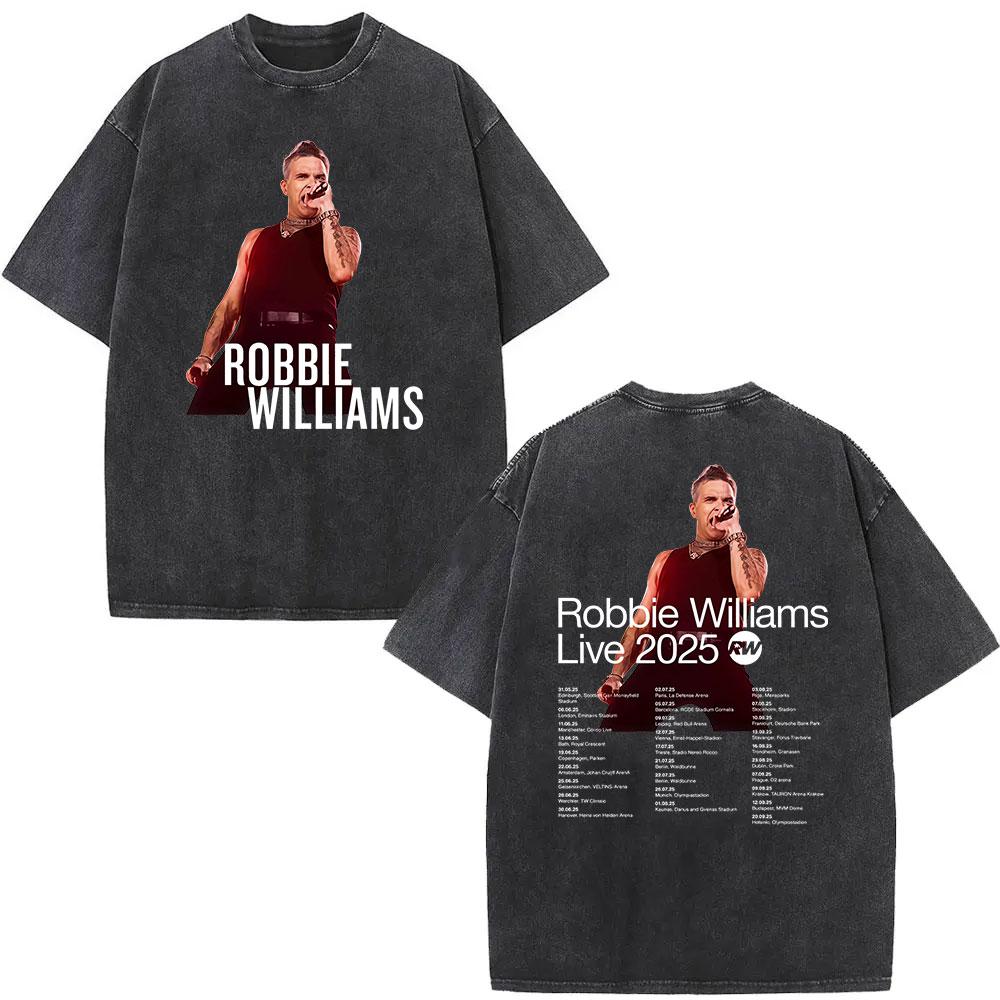 Robbie Williams Live Pw Tour Maglietta Lavata Vintage Uomo Donna Estate Girocollo T-Shirt Moda Harajuku Manica Corta T-Shirt