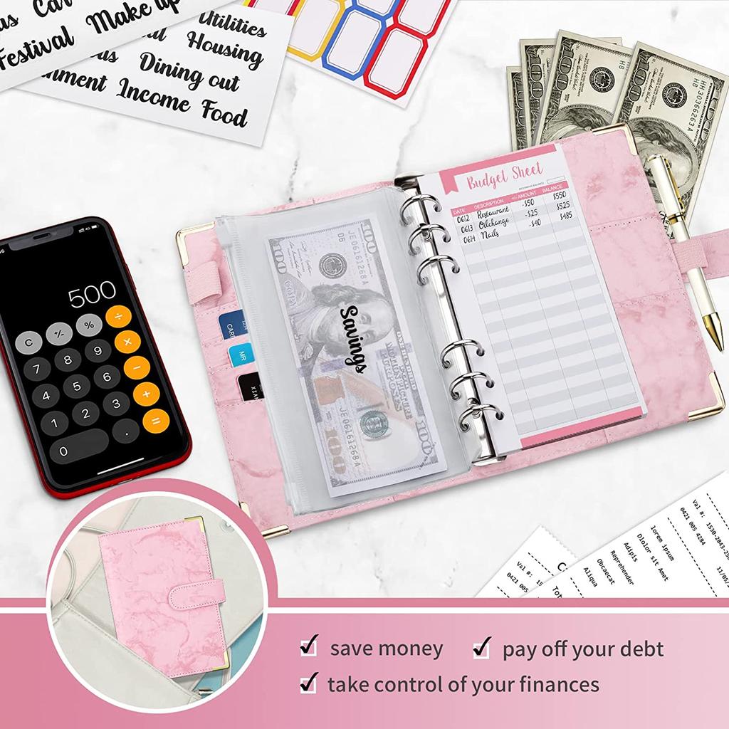 A6 Money Saving Organizer PU Leather Budget Binder Marble Notebook Budgets Planner  Envelope Office School Supplies