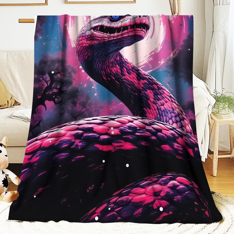 1Pc Gothic Snake Print Blanket - Deep Purple & Black Cobra Design With Pink & Blue Eyes, Soft Warm All-Season Indoor/ Throw For