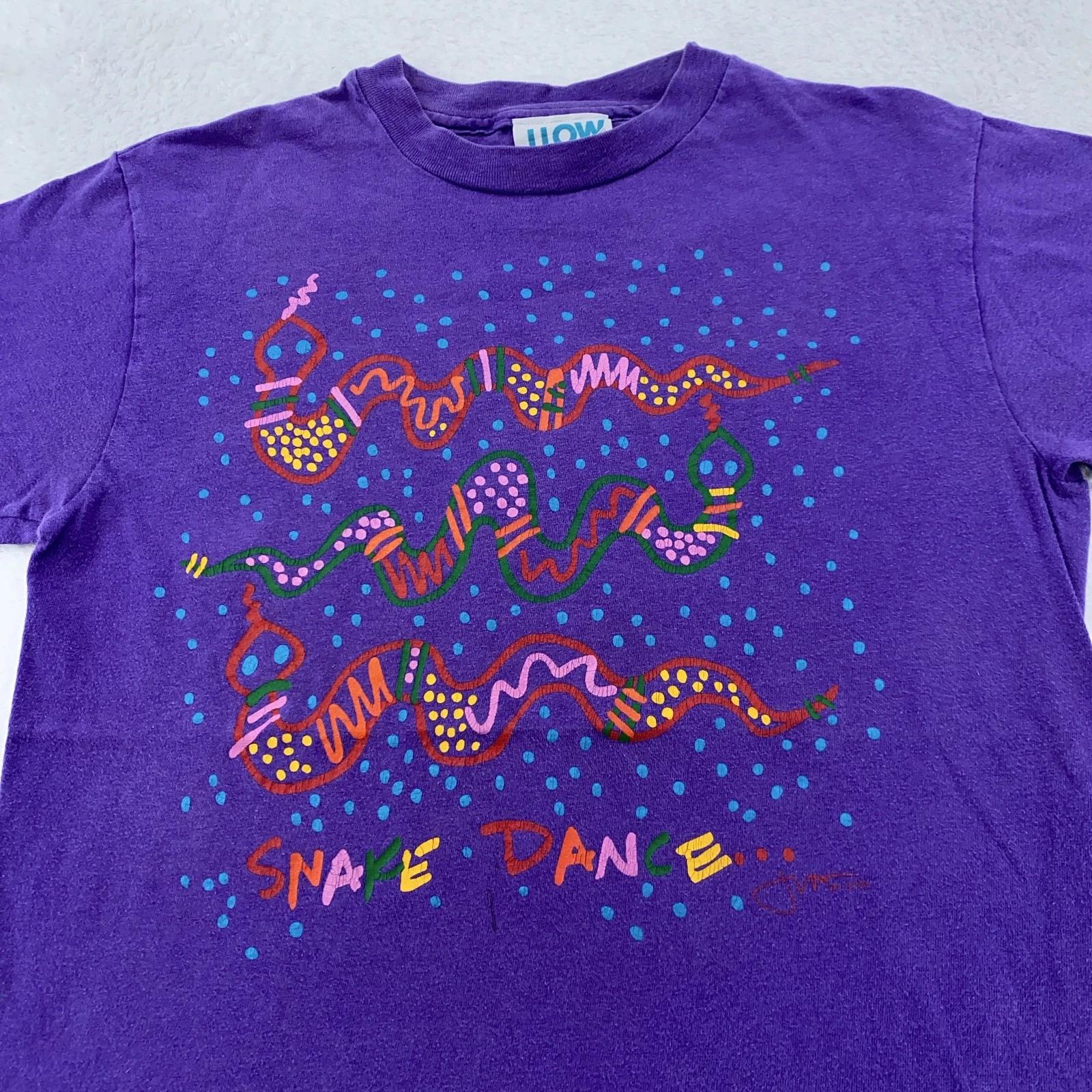 

Vintage J Low Designs Snake Dance Art Shirt Mens Small Purple Graphic 80s USA L