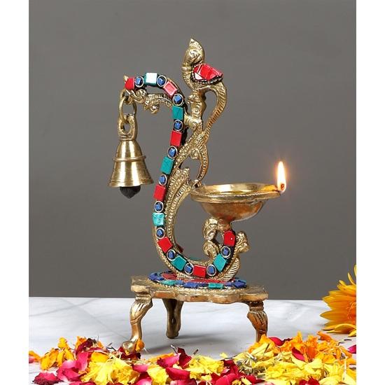 Two Moustaches Gemstone Work Ethnic Carved Peacock Design Pure Brass Diya with Bell , Brass Oil Lamp, Diya for Home Standard , Pack of 1