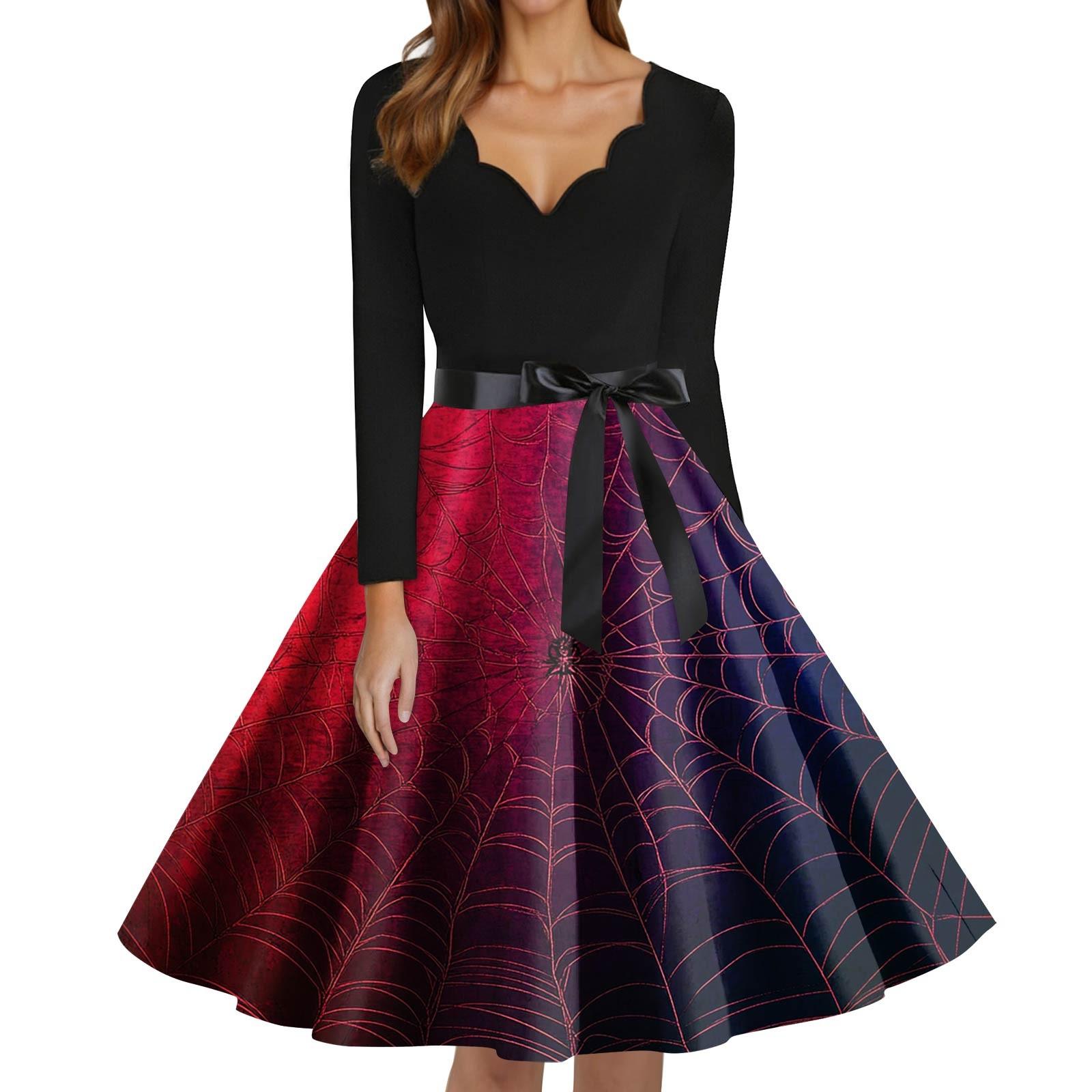 

Women s Fashion V-Neck Casual Slim Fit Halloween Printed Long Sleeve Dress XXXXXL