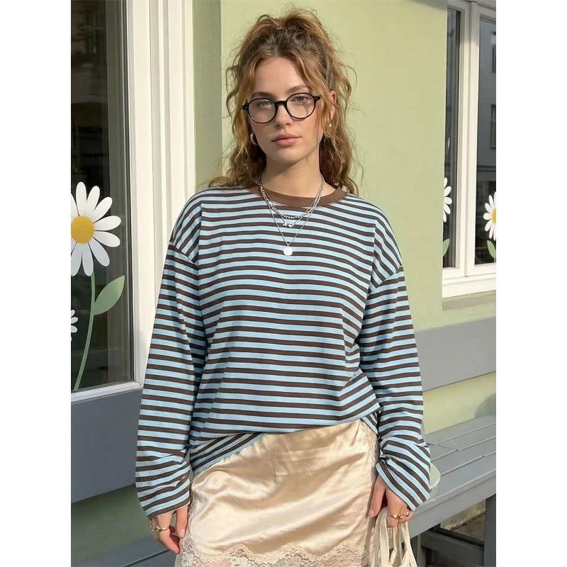 Damen Langarmshirts Rundhals Lockerer Pullover Damen Herbst Freizeit Gestreiftes Oberteil Streetwear