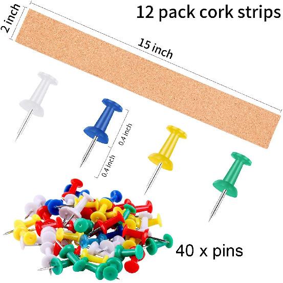 Cooraby 12 Pack Cork Strips 15 X 2 Inch Frameless Self-Adhesive Cork Board with 40 Pieces Cork Board P for Classroom Office