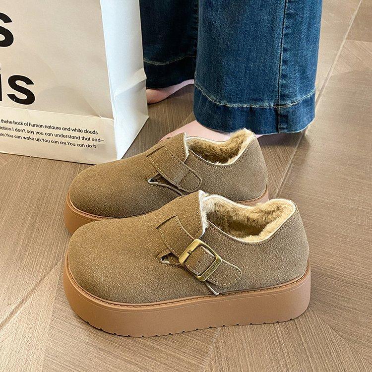 Fashion Women's Fashion Thick Sole Cotton Boots Winter New Round Head Suede Deep Mouth Metal Buckle Non-slip Low-top Shoes