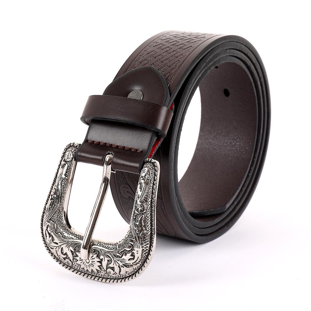 Retro Western-Style Leather Belt with Carved Metal Buckle and Embossed Design