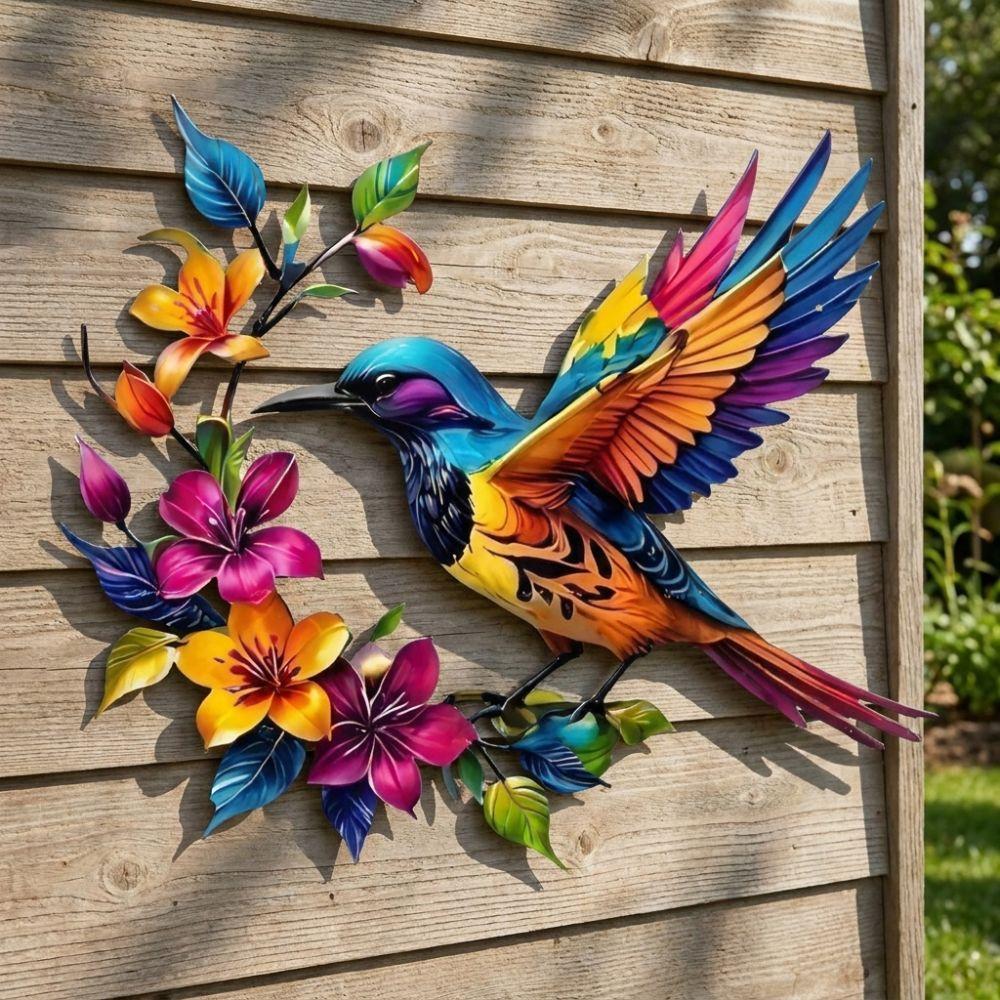 Hand Painted Iron Art Bird Wall Hanging Colorful Flower Colorful Birds Sculpture  Balcony Patio