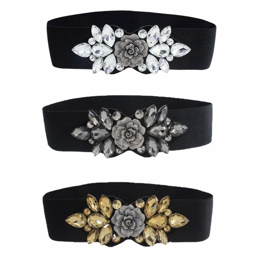 Rose Flower Women Waistband Wide Rhinestone Waist Belt Casual Elastic Cummerbunds Jacket