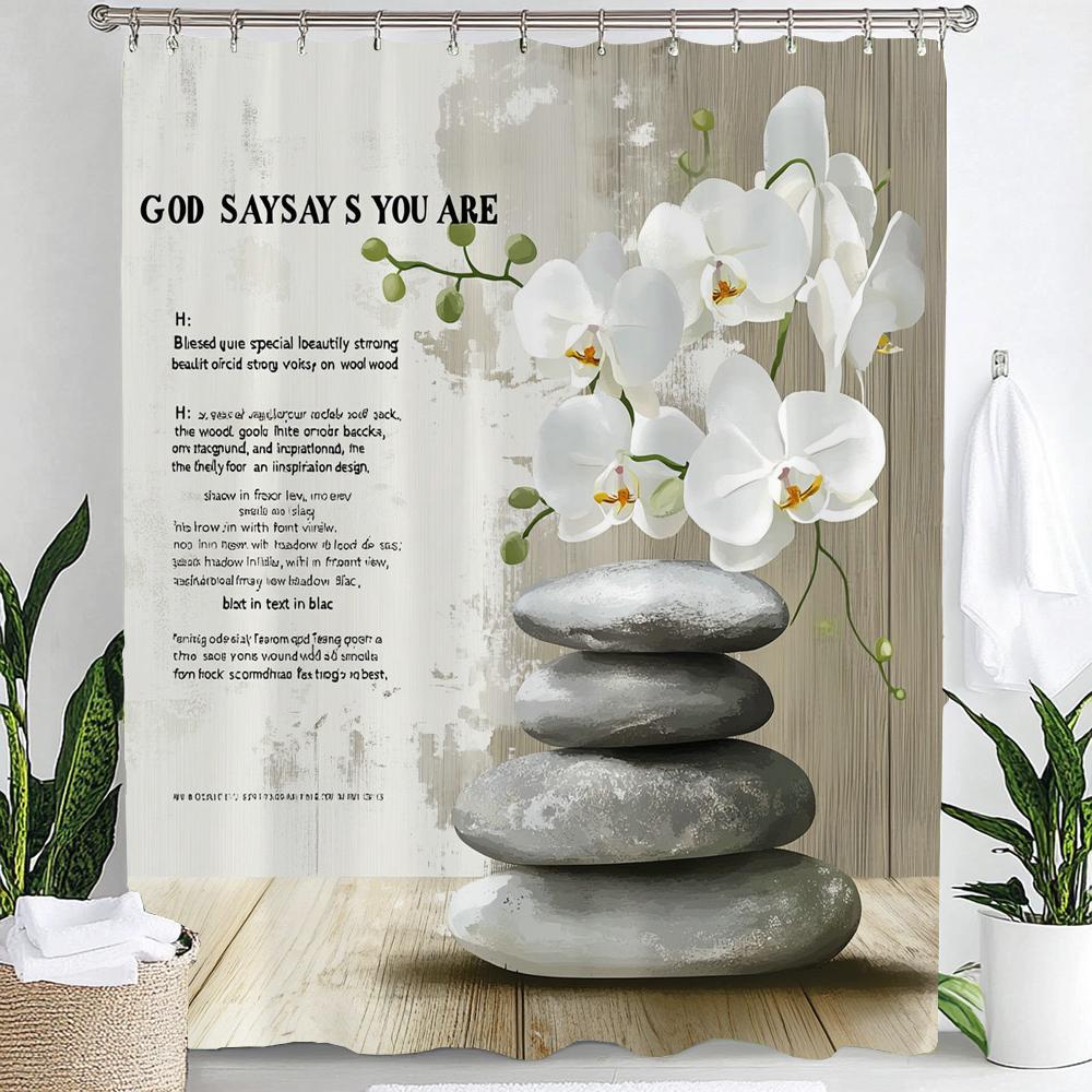 Zen Stone With Lotus Reflection In Water Shower Curtain, Bathroom Decorative Shower Curtain, Home Flowers Curtain With Hooks