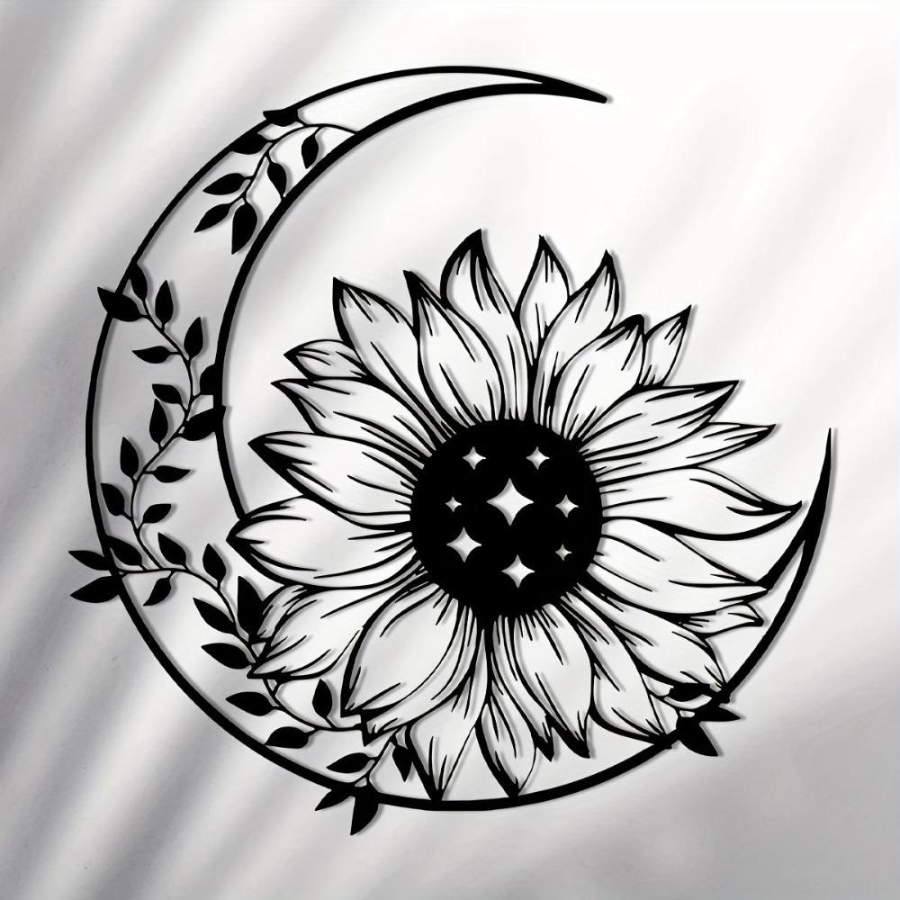 Sunflower Metal Wall Art Intricate Blackwork Crescent Moon Sun Design Home Patio Balcony Decor Housewarming Gift