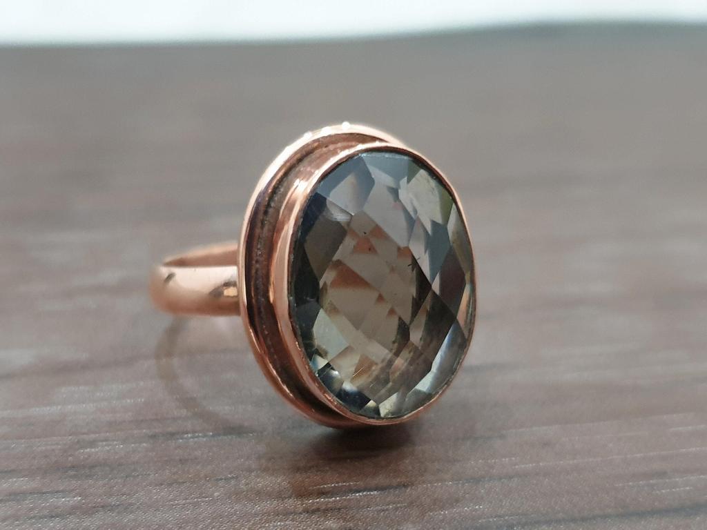 Oval Rose Cut Smoky Quartz 925 Sterling Silver Rose Gold Overlay Ring Jewelry