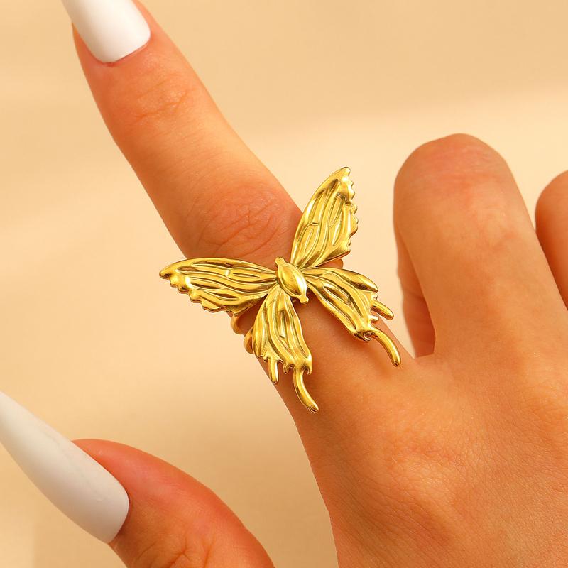 Stainless Steel Imitation Pearl Flower Open Ring Set for Women Luxury Metal Butterfly Heart-Shaped Index Finger Ring Jewelry