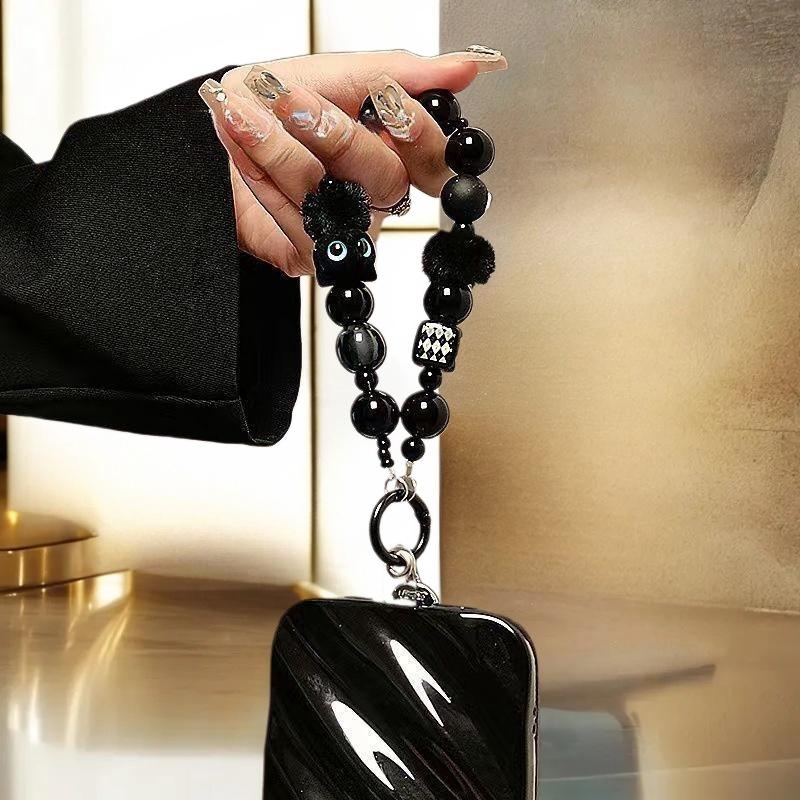 Black Plush Cat Beaded Wrist Strap Y2K Cool Phone Lanyard for Women Girls Bag Car Key Charm Gift