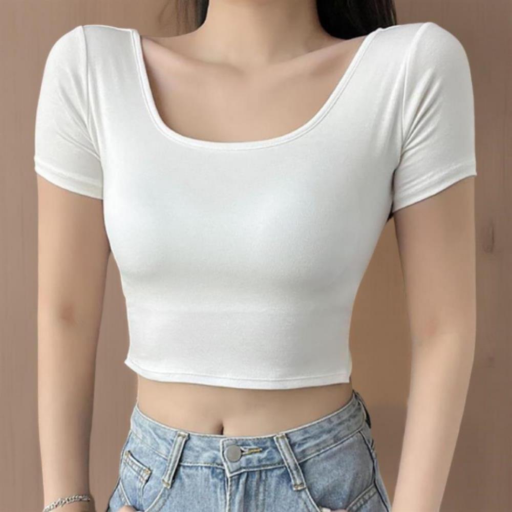 New Arrivals Open Run Women Span Crop ShorT Sleeve T shirT Square Neck Cup builT