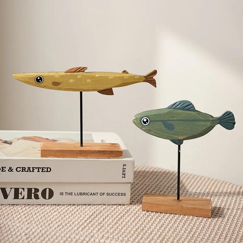 2025 Nordic Wooden Fish Statue Colorful Handmade Wood Style Desktop Ornament Creative Living Room Decor Gift for Home Art Lovers