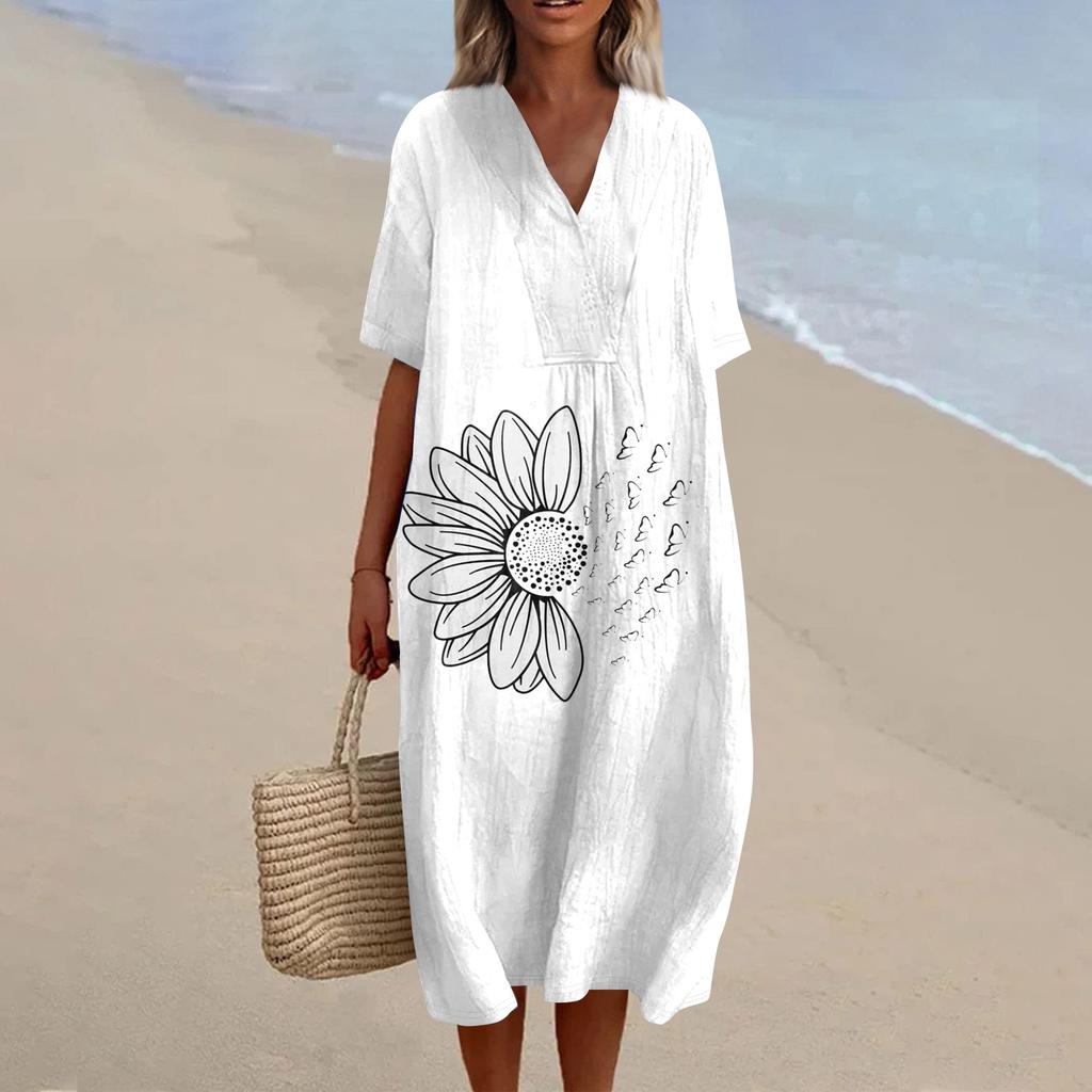 Damen Locker Lässig Mode V-Ausschnitt Bedrucktes Kleid Strandrock