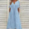 Vestido Midi Feminino com Ilhós, Ombro a Ombro, Manga Curta de Verão, Decote V, Botões, Solto, Casual, Corte A, com Bolsos