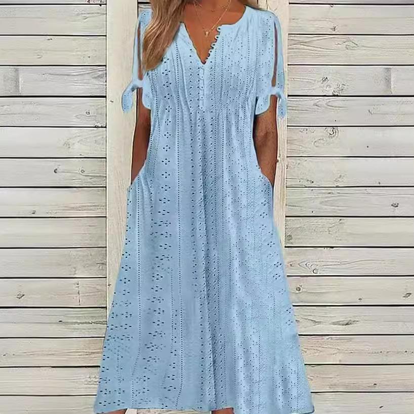 Vestido Midi Feminino com Ilhós, Ombro a Ombro, Manga Curta de Verão, Decote V, Botões, Solto, Casual, Corte A, com Bolsos