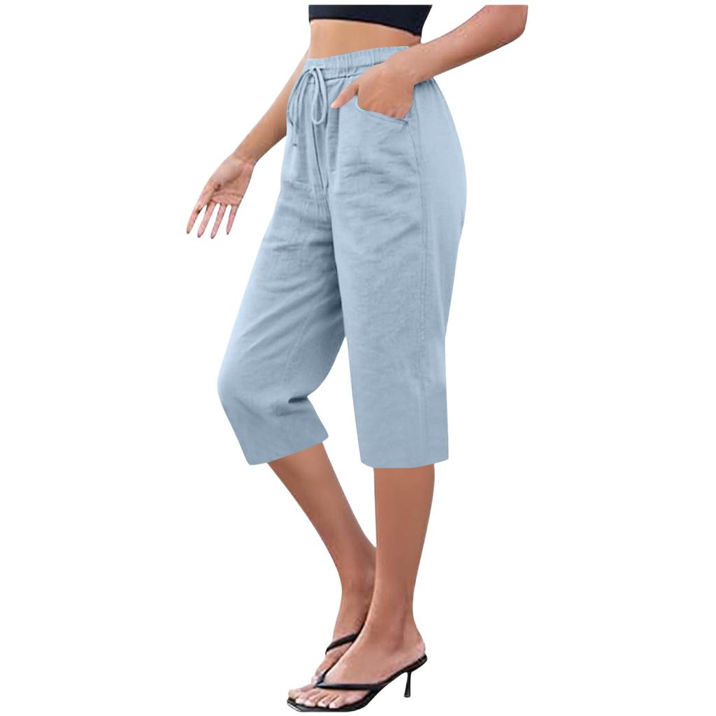 Women's Cotton And Linen Pocket Elastic Casual Pants Five Quarter Pants