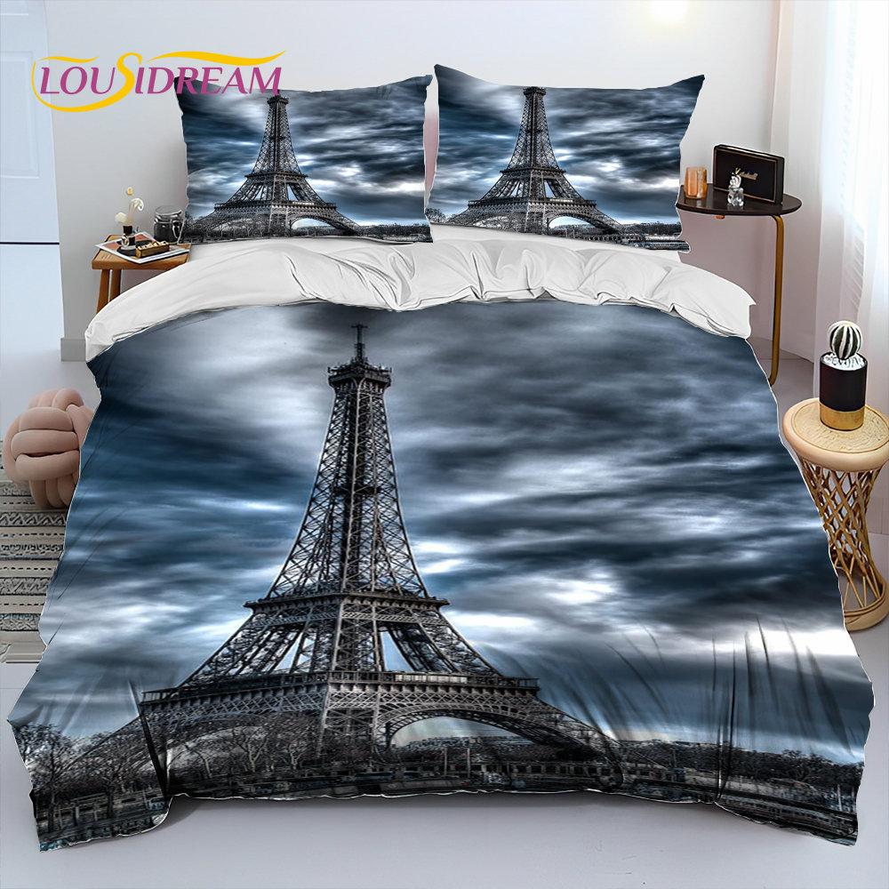 France Paris Eiffel Tower Comforter Bedding Set,Duvet Cover Bed Set Quilt Cover Pillowcase,King Queen Size Bedding Set Kid Adult