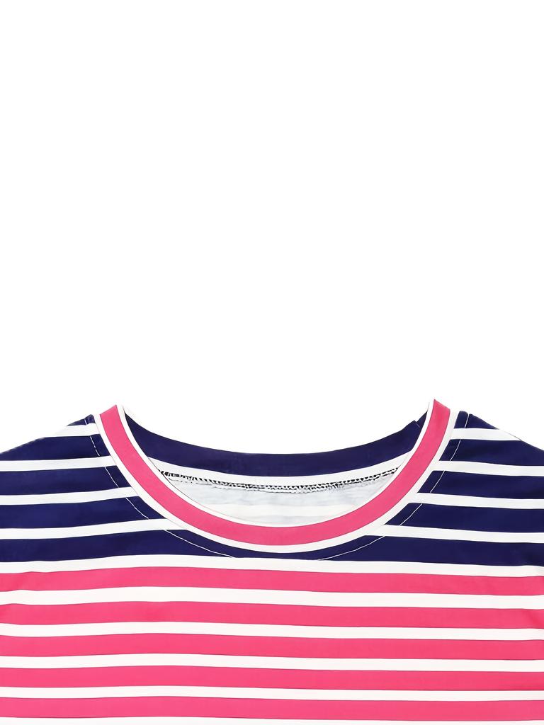 Round neck women's short-sleeved printed T-shirt with stripes, skin-friendly fabric and comfortable