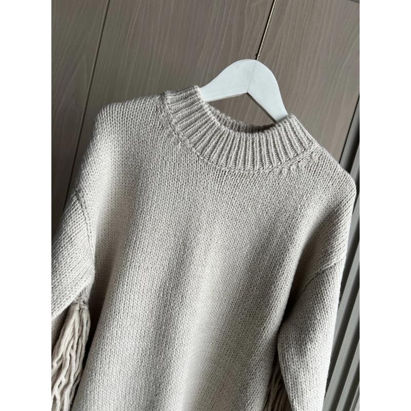 Casual and Stylish High Slit Striped Fringe Long Sleeve Round Neck Knitted Sweater
