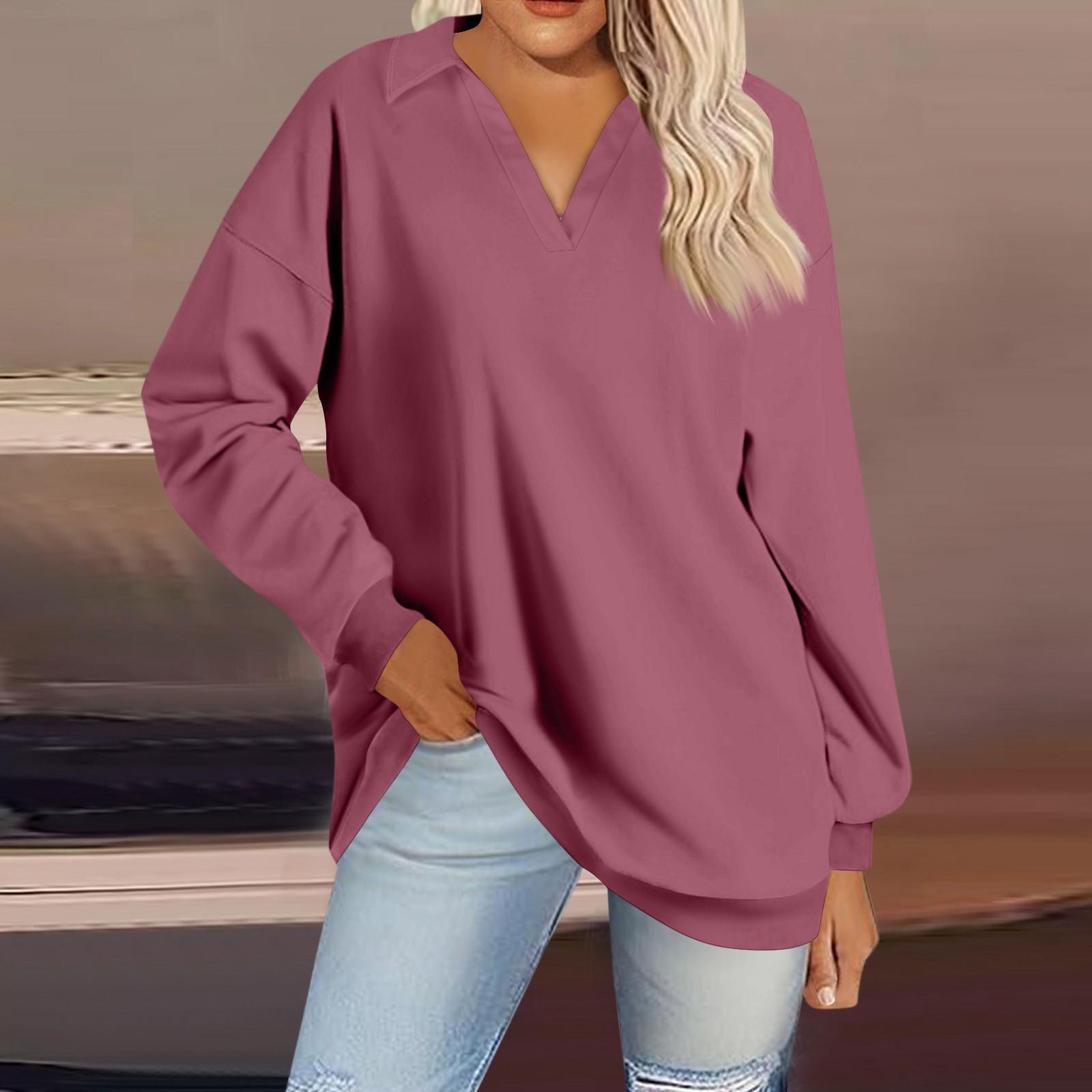 

Жіночий модний однотонний вільний світшот з V-подібним вирізом і довгим рукавом XXL рожевий