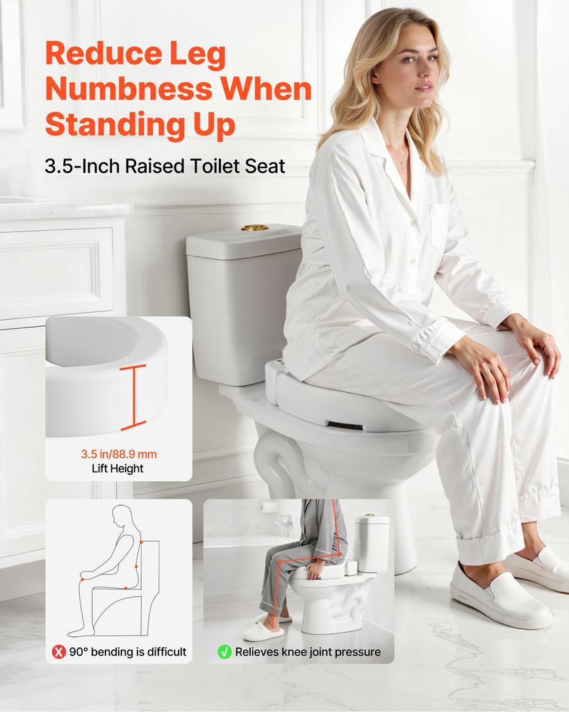 VEVOR Raised Toilet Seat, 136.1 Kg Load Capacity, 88.9 Mm Lift Height, Commode Elevated Toilet Seat Riser with Enlarged Opening for Seniors, Elderly