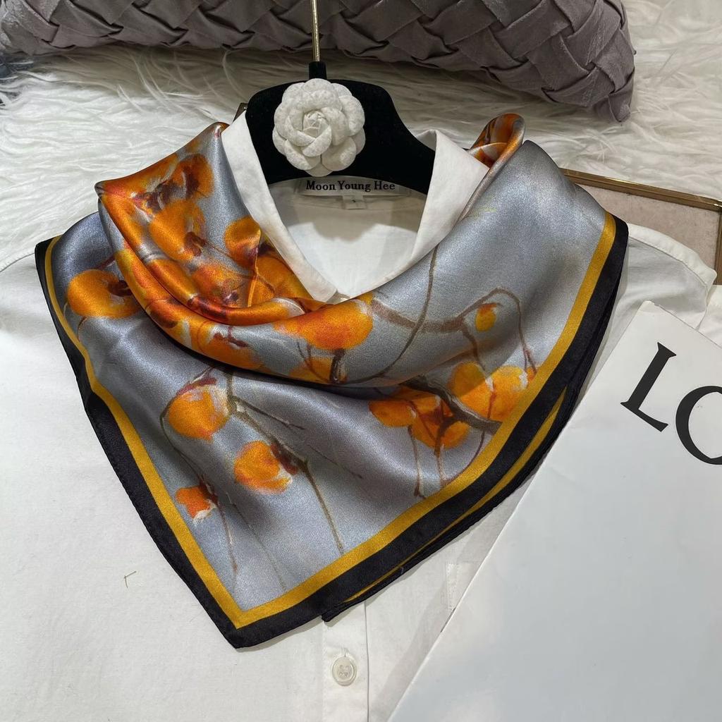 Beige Green Women 100% Silk Scarf Headscarf Fashion Floral Design Square Scarves For Hair 65*65Cm Fashion Neck Scarf Hijab