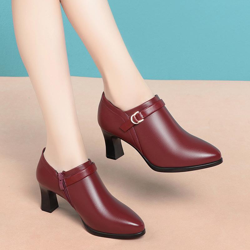 Dicker Absatz Einzelne Schuhe Damen Weiche Sohle 2024 Frühling Neu Hoher Absatz Spitzleder Schuhe Weiches Leder Tiefer Ausschnitt Mutterschuhe