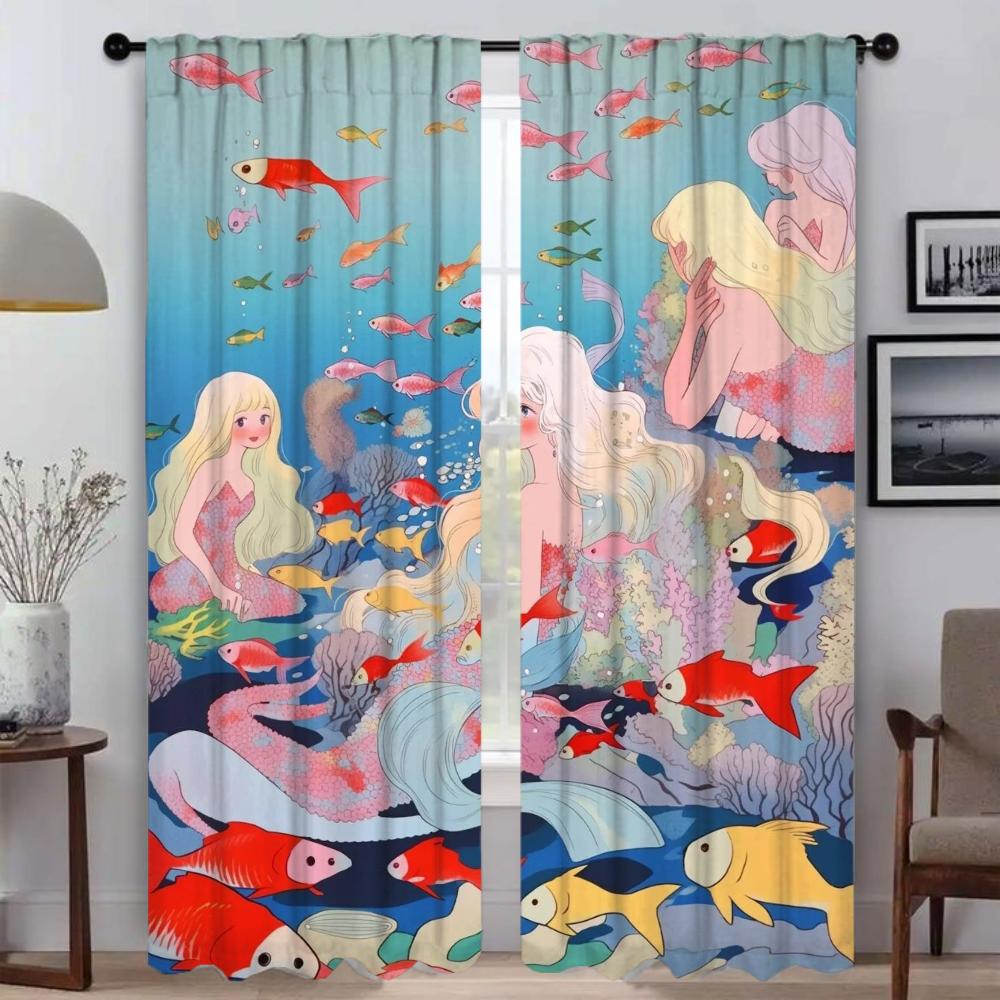 Mermaid Blackout Curtains for Living Room Home Interior Curtains 2 Pieces Window Curtain Tulle for Bedroom Halloween Decoration