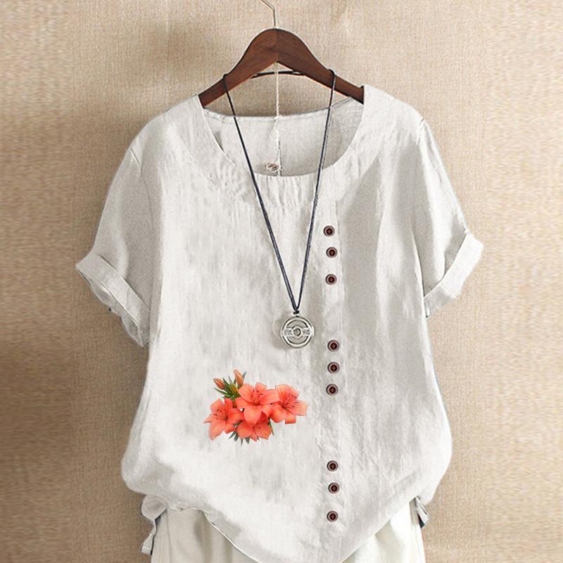 Women's Fashion Flowers Pattern Prined Short Sleeve T-shirt Loose Cotton Shirt Casual Loose Summer Blouse Tops Plus Size