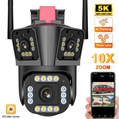Nová 5K 12MP bezpečnostná kamera WiFi s 10-násobným priblížením Vonkajší trojšošovkový PTZ CCTV monitor 2K Auto Tracking Protection Sledovanie troch obrazoviek