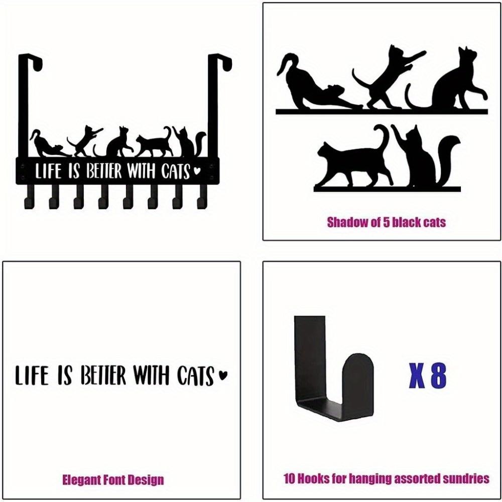 8 Pack Gothic Cat Shaped Wall Hooks for Clothes Towels, Black Metal Coat Rack