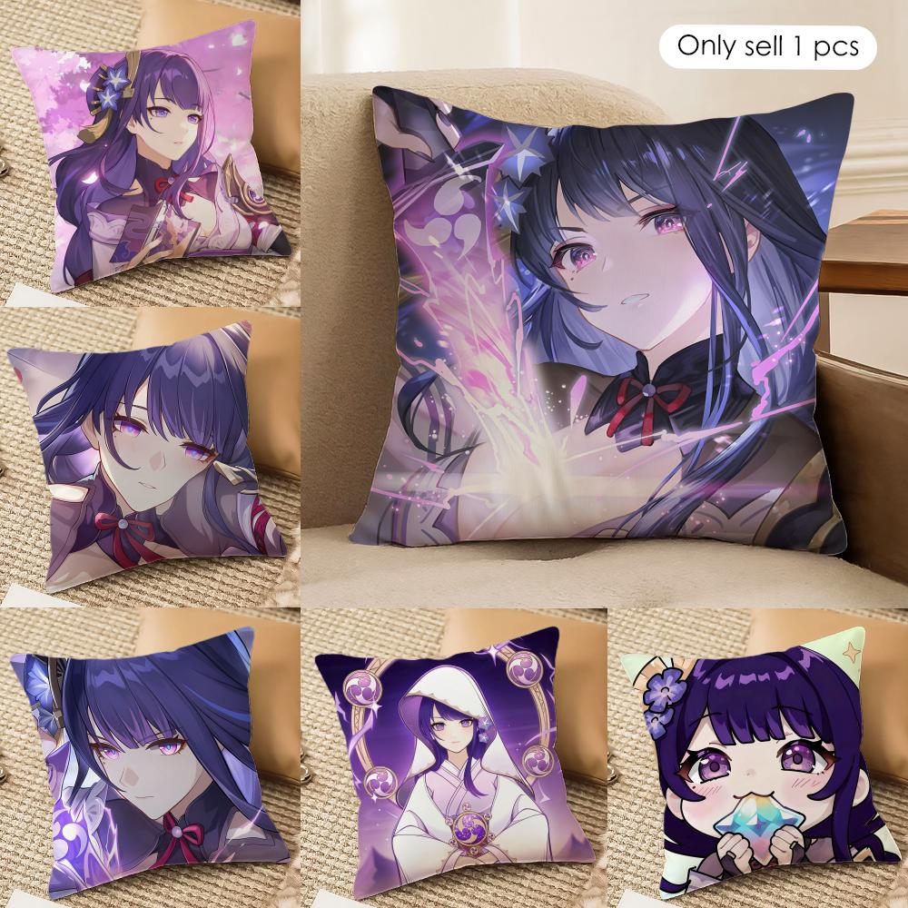 Raiden Shogun Genshin Impact Cushion Cover Silky Short Plush Invisible Zipper Dustproof Sofa Pillow Case For Home Decor