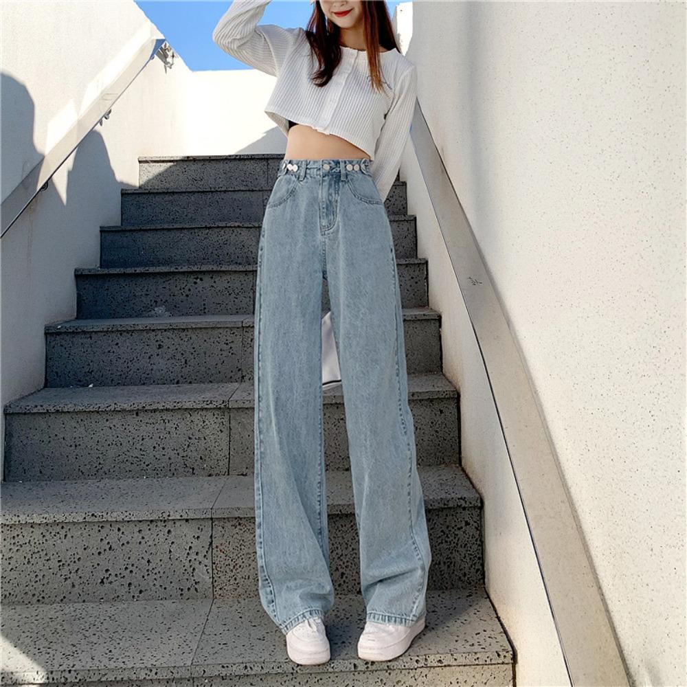 

Повседневные джинсы с высокой посадкой и широкими штанинами, женские осенне-зимние новые маленькие тонкие свободные прямые джинсы-швабры 2XL светло-синий