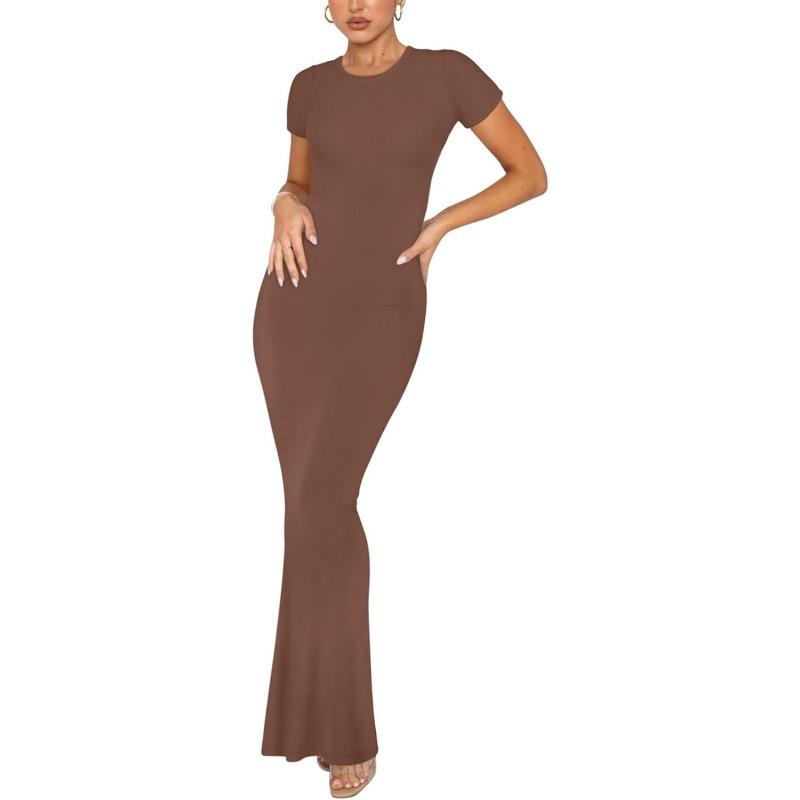 Women's Round Neck Casual Elegant Short Sleeve Tight Long Dresses