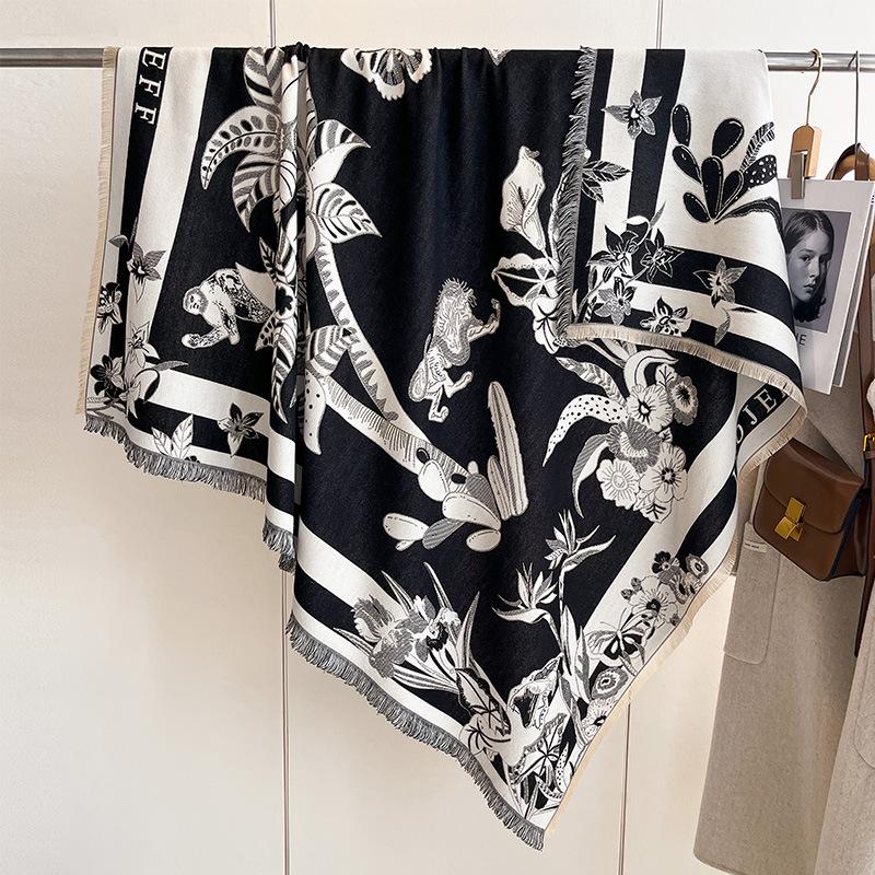 Fashion Versatile Women'S Imitation Cashmere Warm Scarf Wind Grotesque Plant Print Square Scarf Shawl