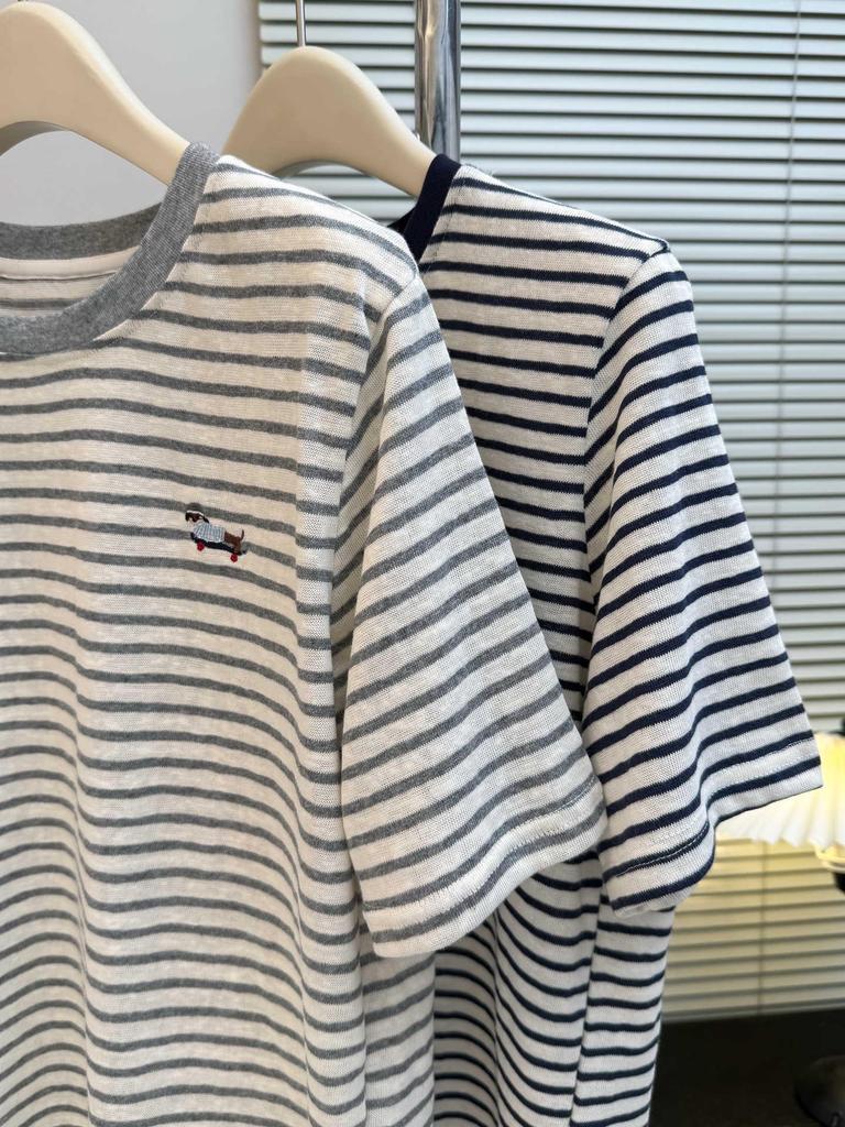 Korean Style Women's Niche Cartoon Embroidery Striped Half-Sleeve T-shirt