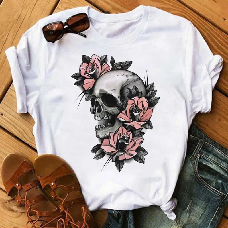 Fashion Leopard Skull Printed Women T-shirt Summer Loose Black Female T-shirt Casual Round Neck Harajuku Tops Woman Clothes