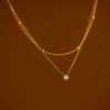 Stainless Steel Waterproof Double Layer Single Zircon Pendant Necklace for Women Fashion Stacking Beaded Clavicle Chain Jewelry