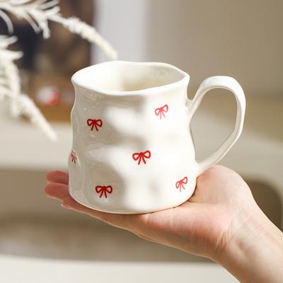 400ML European Ceramic Coffee Cup White Love Mug Home Bow Breakfast Milk Mug Afternoon Camellia Flower Tea Cup Birthday Gift New