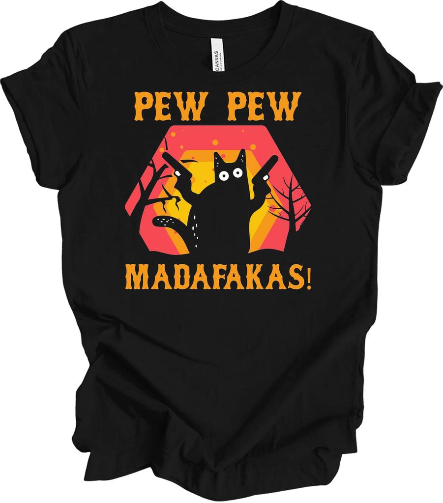 Pew Pew Madafakas Cat T-Shirt Vintage Retro Sunset Funny Sarcastic Meme Gift Tee